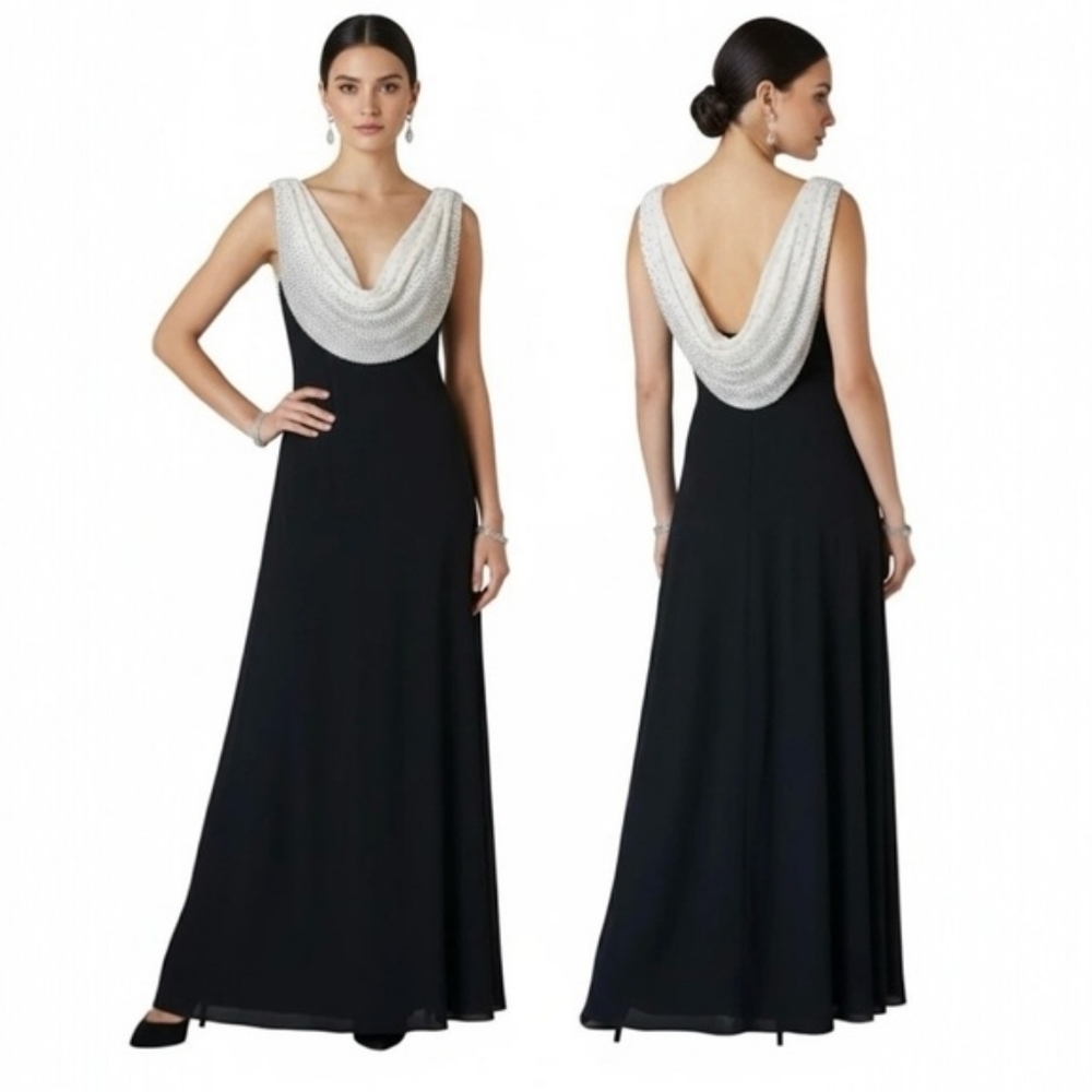 CACHET Sleeveless Beaded Cowl Neck Long Formal Dress Size 12 Black Ivory Y2K